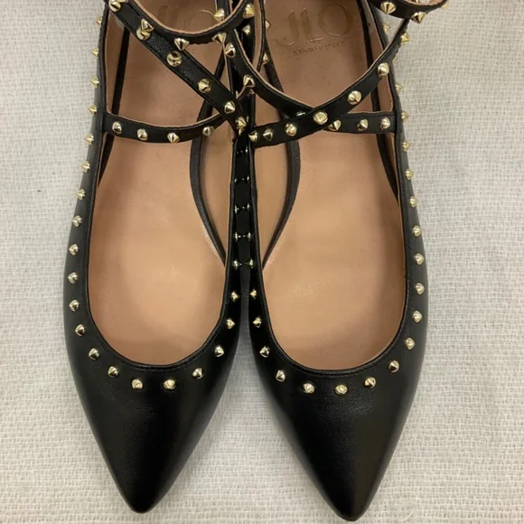 J Lo Jennifer Lopez Black Ayaba Closed Toe Shoes Gold Studded Details Sz 7.5 - Picture 6 of 11